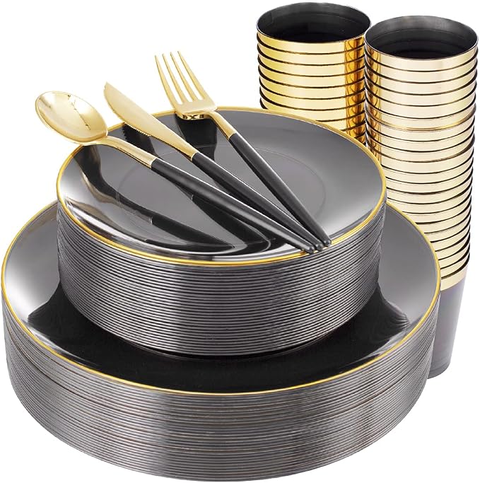Supernal 180PCS Black and Gold Plastic Dinnerware Set for 30 Guests - Elegant Disposable Plates with Gold Plastic Silverware & Cups - Heavy Duty Party Supplies for Graduation, Wedding, and Anniversary