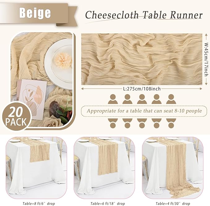20 Pack Beige Cheesecloth Table Runner 17x108 Inch Semi Sheer Boho Rustic Gauze Cheese Cloth Table Runners for Wedding Party Birthday Baby Shower Home Décor
