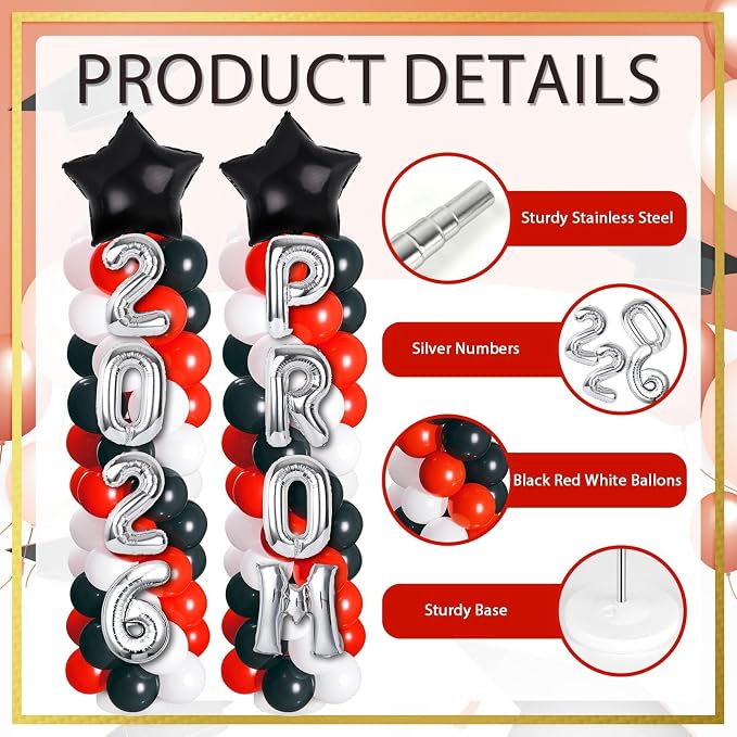 2 Sets Graduation Balloon Column Stand Kit with Balloons Prom Send off 2026 Grad Prom Themed Decoration Black Red Balloon Tower Stand for Floor Grad School & College Celebration Party Supplies
