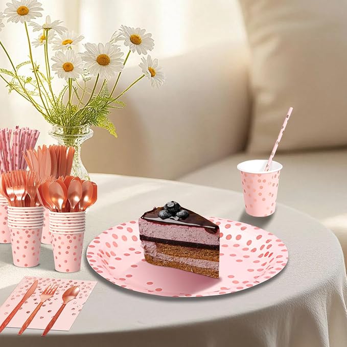 Nkaiso 193 Pcs Pink and Rosegold Paper Plates and Napkins Party Supplies Sets Include Pink Party Plate Cup Napkin Plastic Cutlery for Baby Shower, Wedding, Birthday Decoration -24 Guest