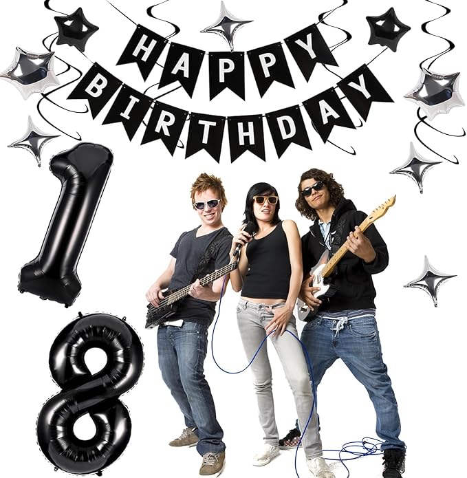 18th Birthday Decorations for Boy Girl, Black White and Silver Happy 18 Party Decor Set with 18 Number Foil Balloons, Banner, Cake Topper for Him Her