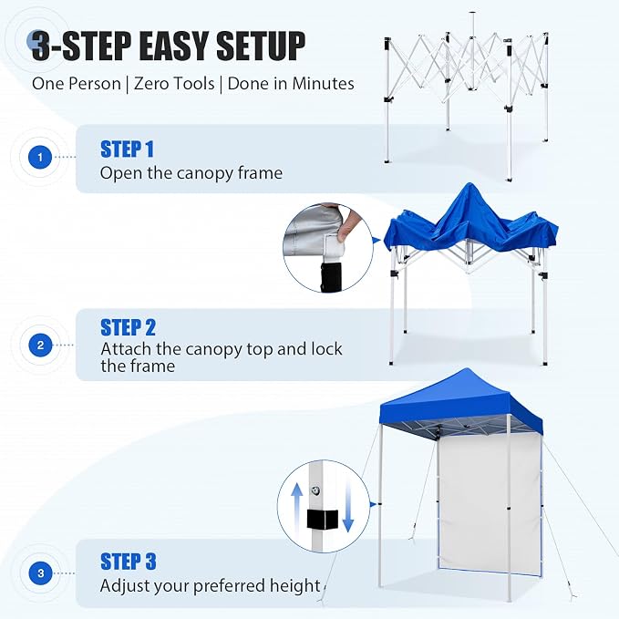 EAGLE PEAK Pop up Canopy 5x5, Outdoor Portable Canopy Tent with One Removable Sunwall, Carry Bag Included, Blue