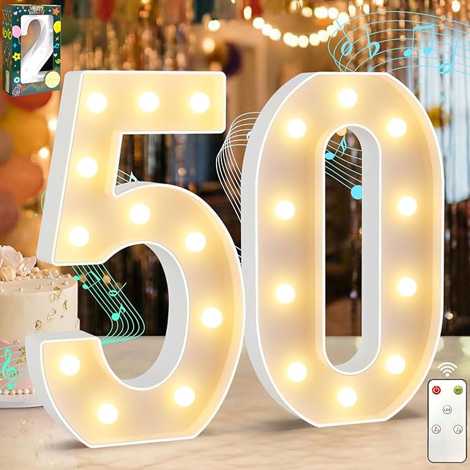 12.6 Inch LED Marquee Light Up Numbers 50 with Happy Birthday Music, Remote 50th Birthday Number Lights as Gifts for Women Men, Lighted Marquee Numbers for Table Party Decorations
