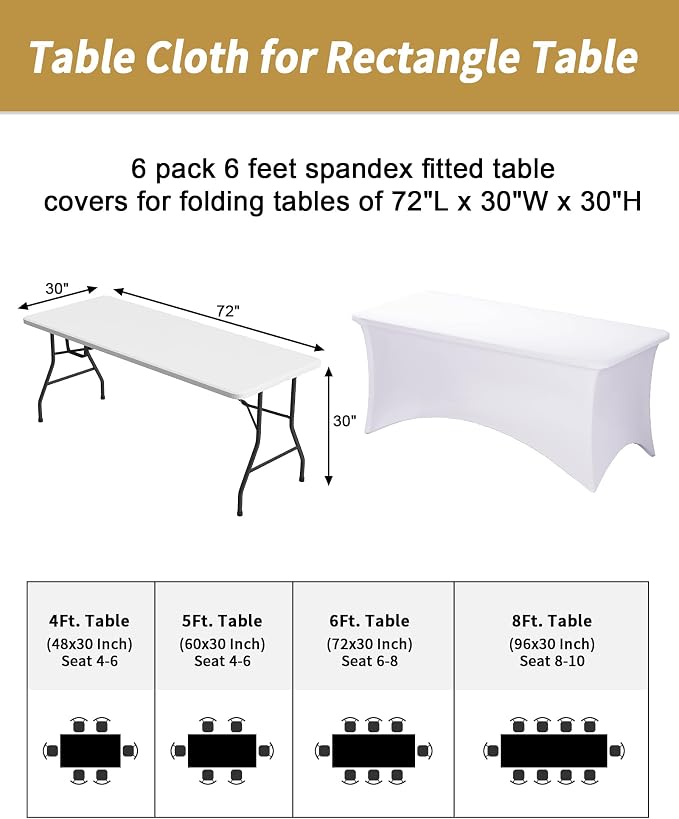 Fixwal 6 Pack White Tablecloth Rectangle 6Ft, Stretch Spandex Fitted Table Cover for Party, Trade Show, Wedding, Buffet, Graduation, Vendor Stand