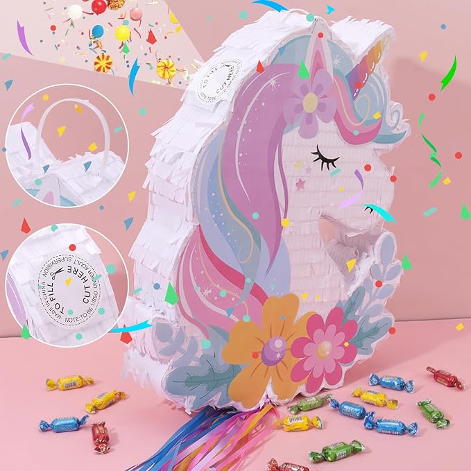 Unicorn Piñata - Unicorn Party Supplies Piñata Bundle with Hair Clip Blindfold and Bat, Pull String Pinata for Birthday Favors Decorations Supplies (16x12x3 Inches)