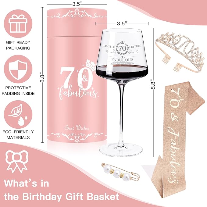 70TH Birthday Gifts for Women,Vintage Engraved 70th Wine Glass,70 Year Old Birthday Decorations For Her,70&Fabulous Sash and Tiara For Women,Friends,Sister-Turning 70th Party Favor Supplies
