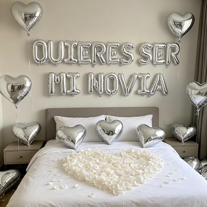 QUIERES SER MI NOVIA 2 Set Balloons - 34pcs 16" Letter, 10pcs 18" Heart, Alphabet Foil Mylar for Valentines Day Decorations with 1200pcs Cream White Artificial Rose Petals