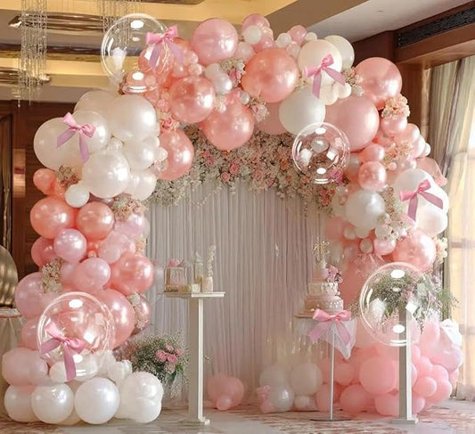 Light Pink White Balloon Arch-Double Stuffed Pastel Baby Pink White Pearl Balloons with Bow Clear Balloon Arch Kit for Birthday Baby Shower Bridal Wedding Mother's Day Party Decorations