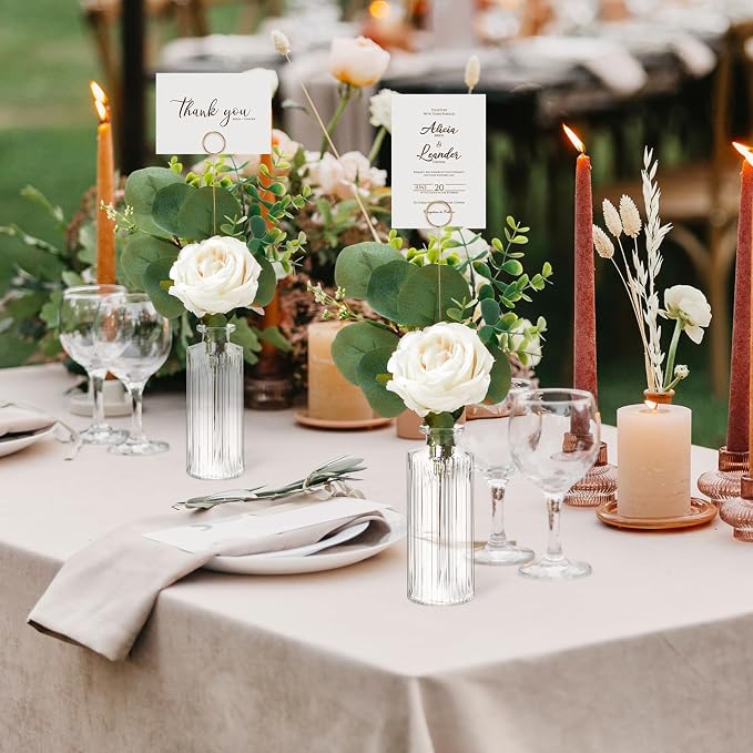 Threehoney 12 Set Artificial Flowers with Vases and Table Number Holder 12 Glass Bud Vases 48 Fake Plants and 12 Card Holder Picks Flower Table Centerpieces DIY for Wedding Home Dining Party Decor