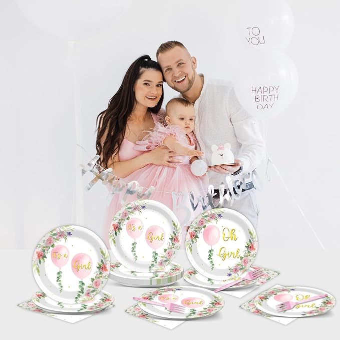 96Pcs Oh Girl Watercolor Pink Balloon Party Supplies Greenery Girl Baby Shower Tableware Set Pink Flower Party Favor Birthday Baby Shower Parties Plates and Napkins Table Decorations for 24 Guests