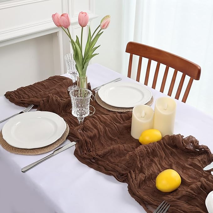 16 Pack Table Runner Brown Cheesecloth 10ft Boho Gauze Fabric 120 Inch Cheese Cloth Table Runner Rustic Sheer for Baby Shower Birthday Home Holiday Party