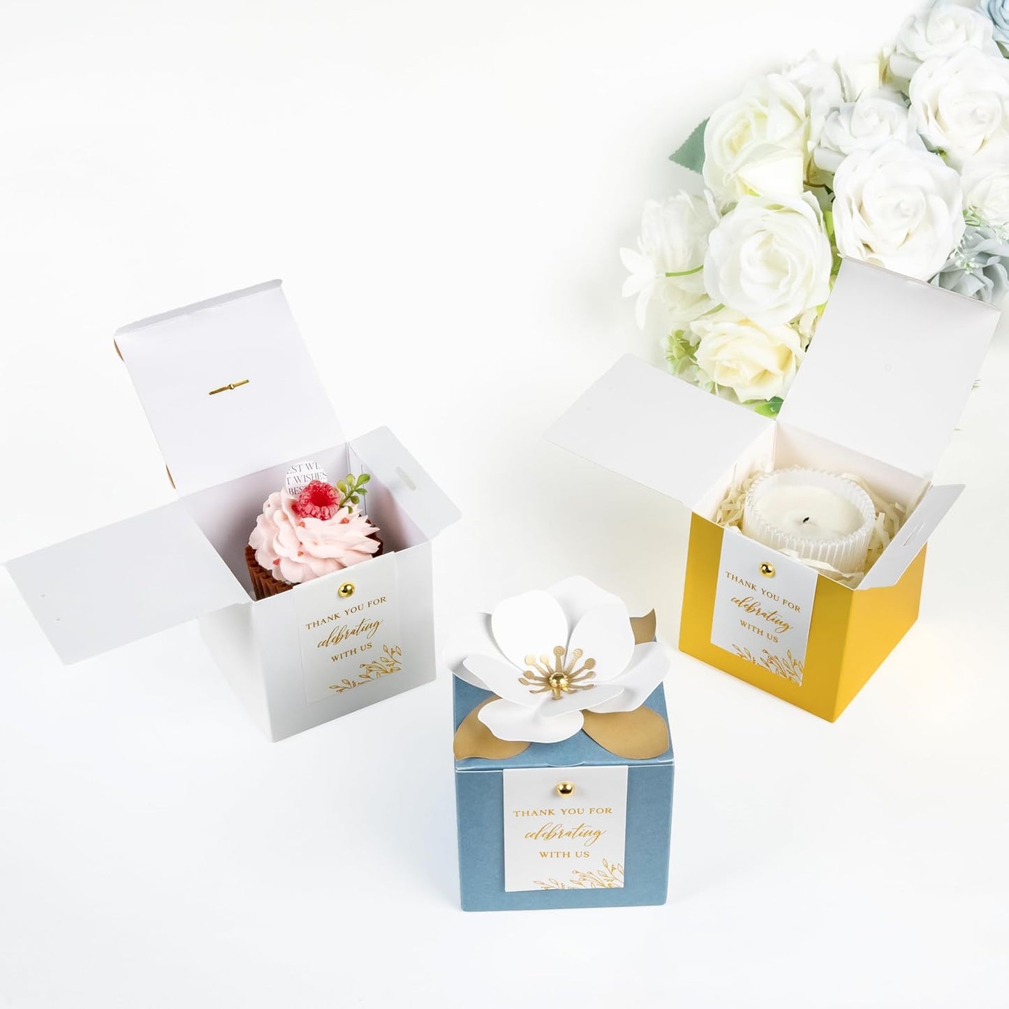 FEIYI 20 PCS Gold Gift Boxes, 3 In 1 Favor Boxes with Floral Decor, White Thank You Tags Cupcake Containers Gift wrapping for Wedding, Baby Shower, Birthday, Decorations Party - 3.55x3.55x3.55