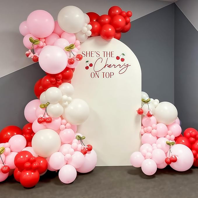 Cherry Balloon Garland Arch Kit, 115pcs Red and Pastel Pink White Metallic Gold Long Latex Balloons for Birthday Baby Shower Wedding Valentines Day Anniversary Cherry on Top Party Decorations