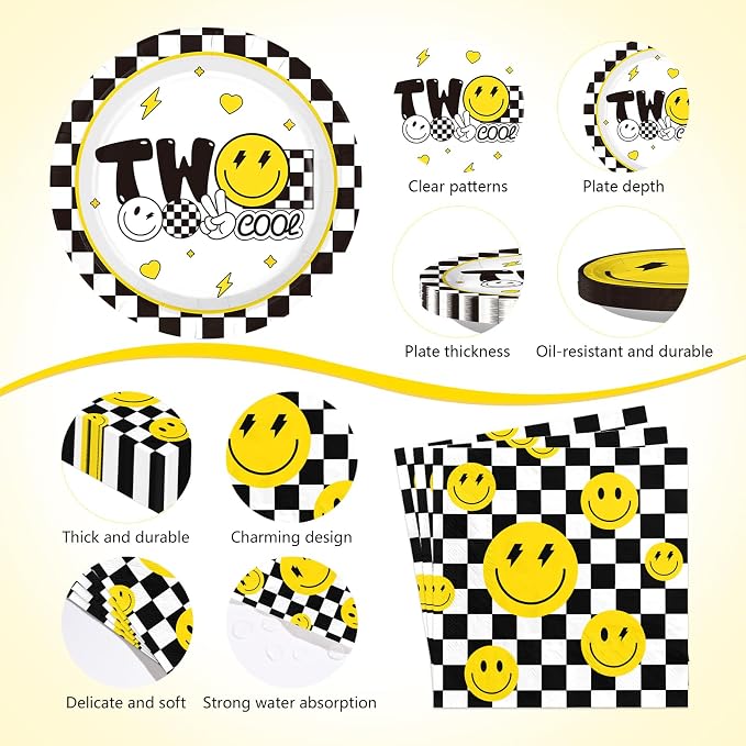 170Pcs Two Cool Birthday Party Supplies Yellow Smile Face Party Plates Napkins Cups Forks Knives Tablecloths Checkered Smile Face 2nd Tableware Set for 2nd Birthday Baby Shower Decorations Serves 24