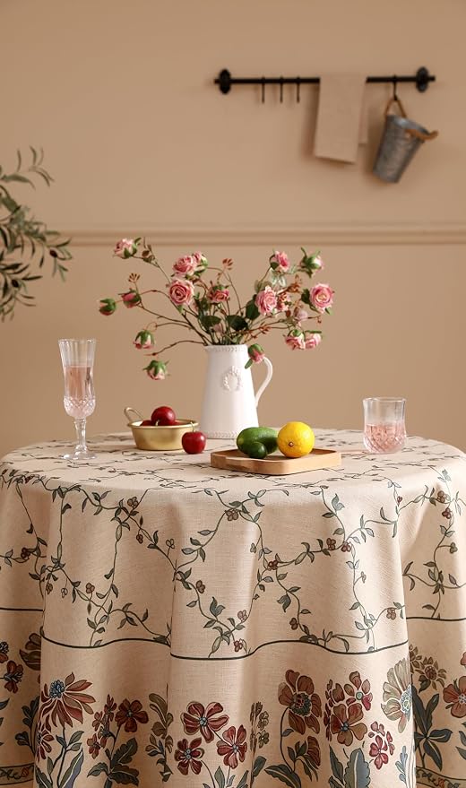 patdrea Vintage French Linen Tablecloth,Round,Diameter 67"-Oliveirad | Heavyweight Elegant Table Cloth for Round Table,Dark Floral & Vine Printfor Dining Room Tea Party Thanksgiving