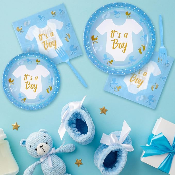 Tanlade 122 Pcs Boy Baby Shower Plates and Napkins It's a Boy Disposable Tableware Set Blue Paper Plates Napkins Forks Baby Shower Decorations Gender Reveal Party Supplies for 24 Guests
