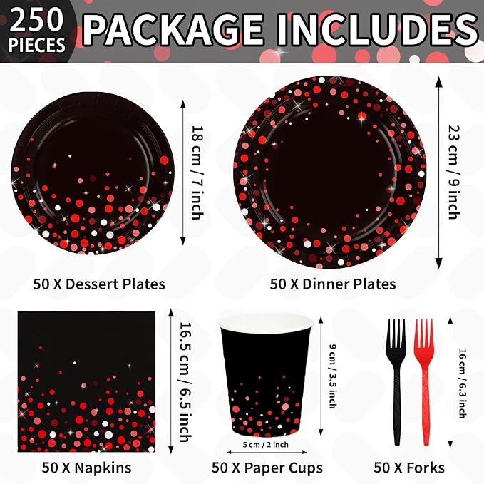 250Pcs Black and Red Party Decorations Graduation Red Dot on Black Plates Napkins Cups Forks Disposable Stranger Tableware Set for Congrats Grad Birthday Baby Shower Party Supplies Serves 50