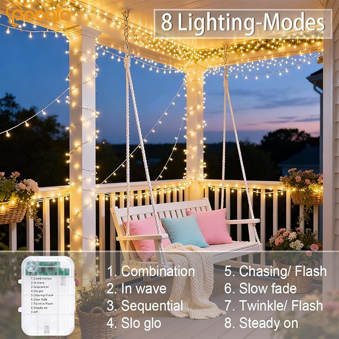 Pooqla 4 Pack String Lights Battery Operated, Total 66.6ft 200 LED Fairy Lights Indoor Outdoor Decorations, 8 Modes Warm White Battery Christmas Lights for Bedroom Classroom Porch Party Yard Decor