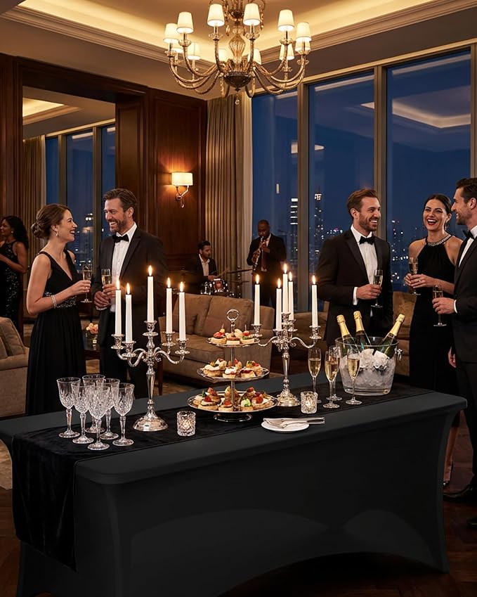Fixwal 6 Pack Black Tablecloth Rectangle 8Ft, Stretch Spandex Fitted Table Cover for Party, Trade Show, Wedding, Buffet, Graduation, Vendor Stand
