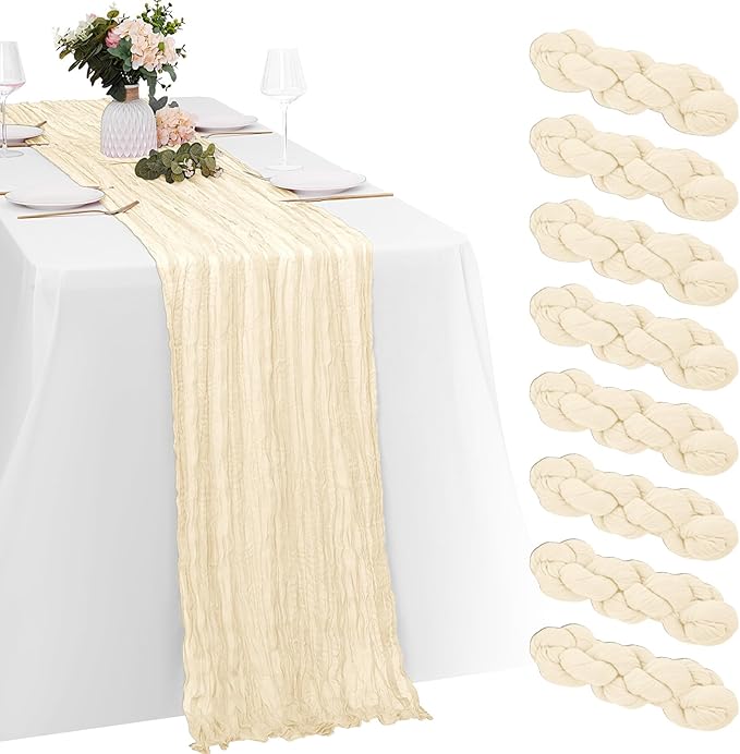 8 Pack Ivory Cheesecloth Table Runners 20x120 Inch Gauze Table Runner 10FT Easter Cheese Cloth Table Runner Rustic Sheer Runner for Wedding Baby Shower Birthday Party Table Decor