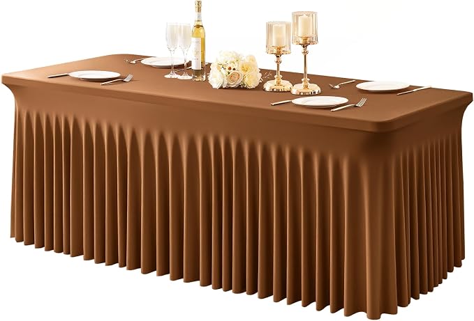 1 Pack Brown Spandex Tableclothes for 8 Foot Rectangle Tables, Wrinkle Free 8ft Fitted Table Cover Stretch Table Cloth Desk Skirt for Weddings Baby Shower Birthday Party Banquet Decorations