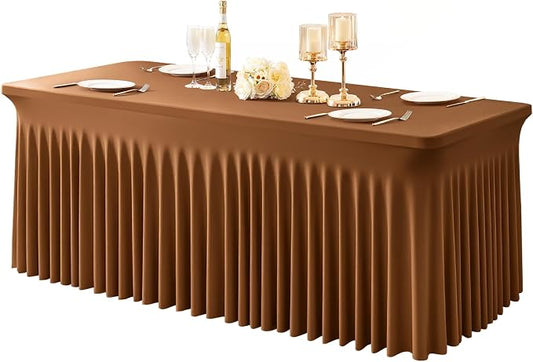 1 Pack Brown Spandex Tableclothes for 8 Foot Rectangle Tables, Wrinkle Free 8ft Fitted Table Cover Stretch Table Cloth Desk Skirt for Weddings Baby Shower Birthday Party Banquet Decorations