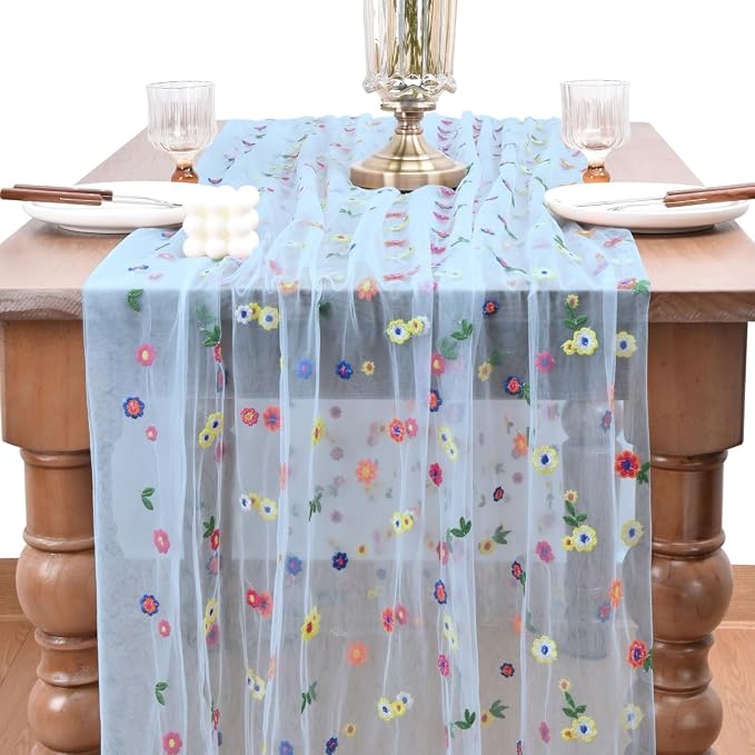 Joanlody Blue Summer Flower Table Runner 10ft Embroidery Daisy Floral Seasonal Tulle Table Runner for Home Garden Tea Party Holiday Birthday Decoration