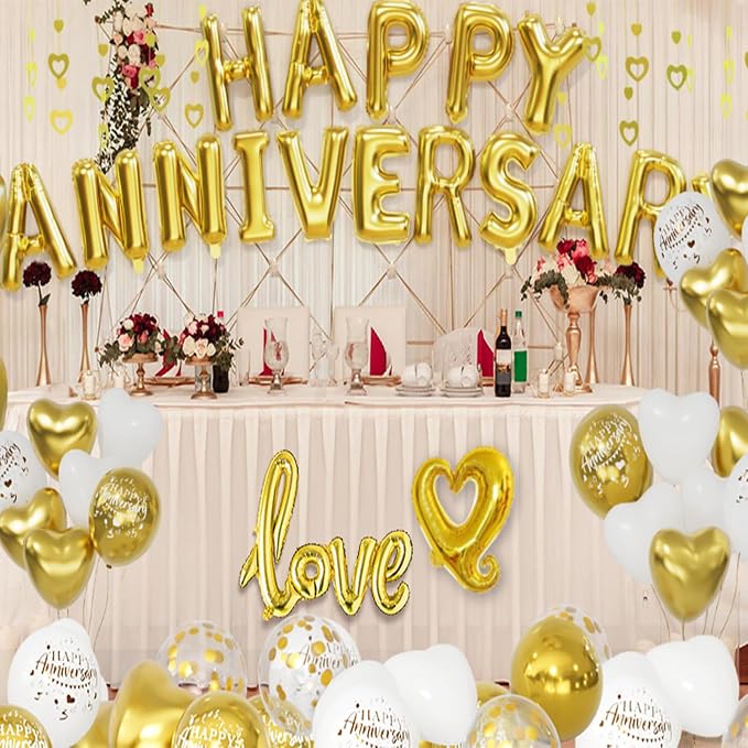 Gold and White Anniversary Party Decorations, Happy Anniversary Banner, Gold and White Heart Balloons, Love Foil Balloon, Heart Hanging String for Valentines Day Birthday Wedding