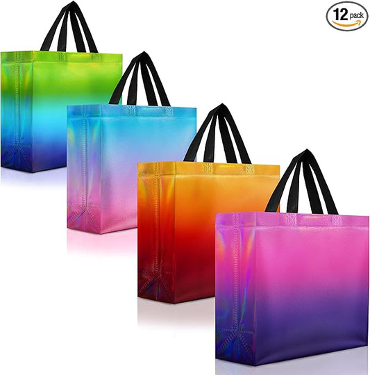 Nush Nush Set of 12 Rise Mix Large Gift Bags - Stunning and Shiny Reusable Gift Bags With Handles - Goodie Bag for Birthday Party, Wedding Party Favors, Holidays, Events - 13Wx5Dx11H