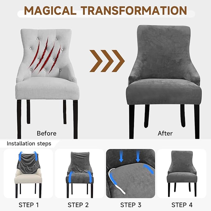 Velvet Wingback Dining Chair Cover Soft Stretch Accent Chair Cover Slipcover Thick Plush Wing Back Chairs Covers Furniture Protect Washable Chairs Protector Covers for Dining Room (Dark Grey, 4)