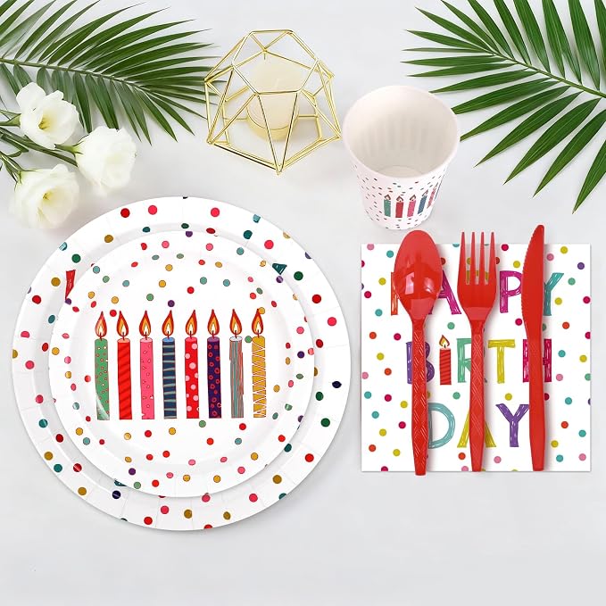 203 Pcs Happy Birthday Decorations: Party Supplies Set with Dots Design- Includes Disposable Paper Birthday Plates and Napkins, Cups, Tablecloth, and Banner for Boys/Girls, Serves 25