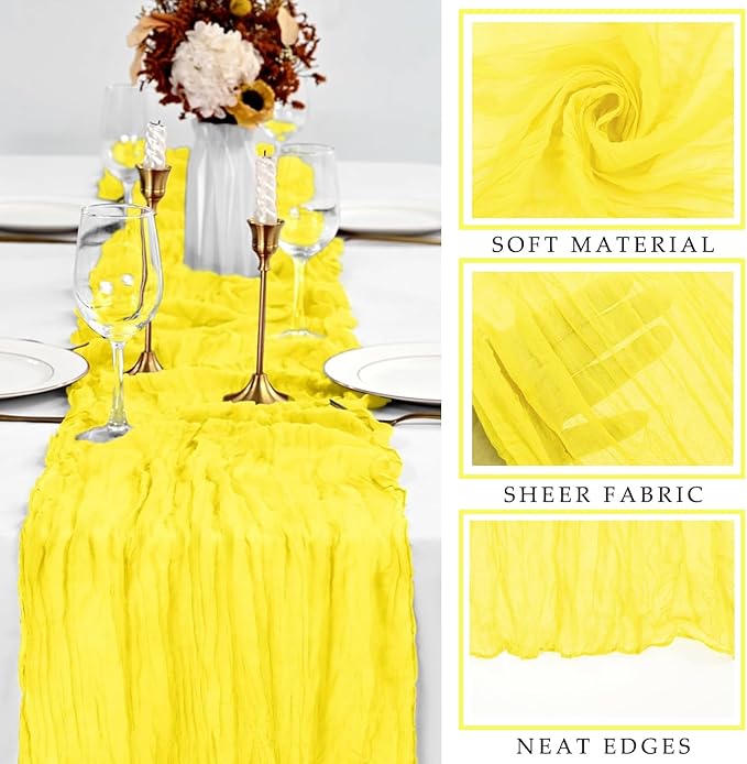 Yellow 12 Pieces Cheesecloth Table Runner 10FT Runner for Table Gauze Fabric Boho Table Runner Decoration Rustic Sheer Runner for Wedding Shower Birthday Party Table Arbor Decor (35 x 120 Inches Long)