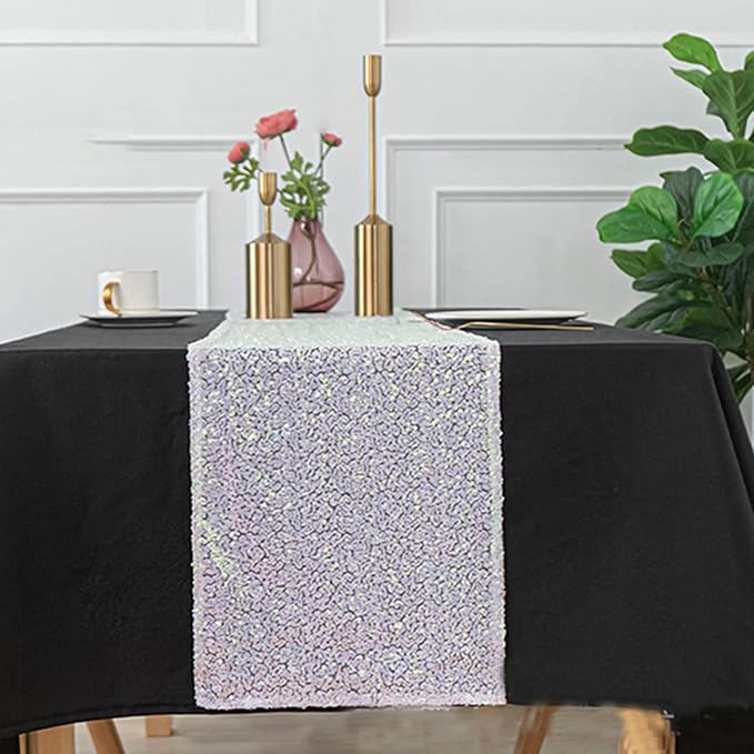 12 Packs Sequin Table Runner Glitter Dining Table Runner for Birthday Wedding Engagement Bridal Baby Shower Bachelorette Holiday Celebration Party Supplies Decorations (12" x 108", White Iridescent)