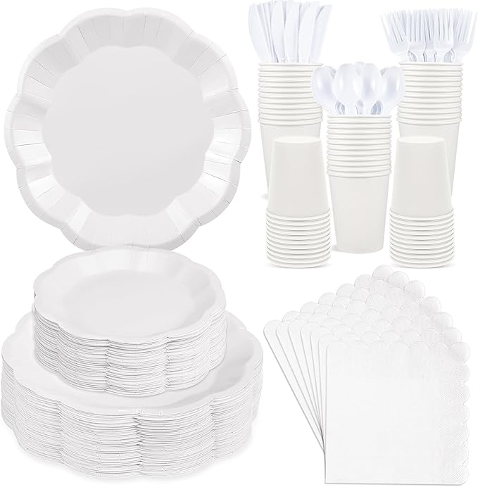 NatNarr 350 Pcs White Party Supplies Include Scalloped Plate Napkin Cup Forks Knives, Plastic Cutlery 50 Guest Disposable Parties Tableware Set for Wedding Baby Shower Bridal Shower Birthday Party