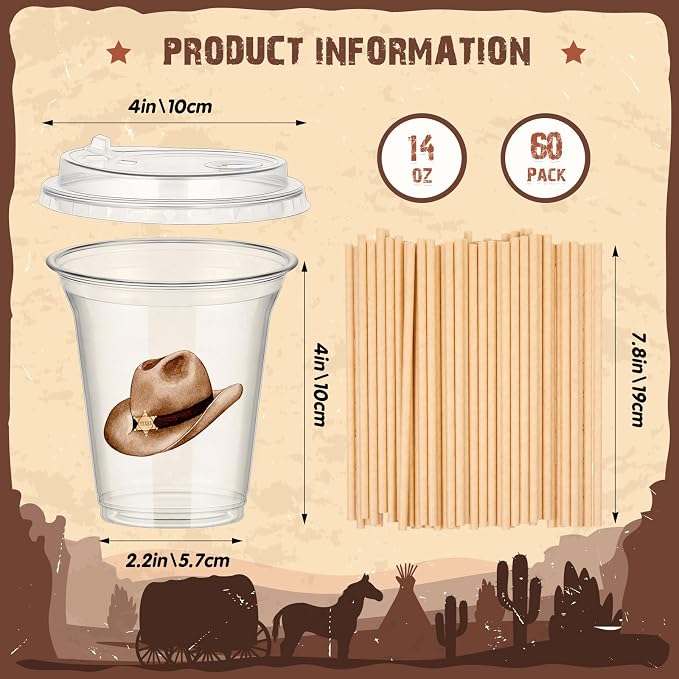 Qinyoung 60 Pcs Western Cowboy Cups with Lids and Paper Straws 14 oz Disposable Clear Plastic Cups for Home Birthday Party Favor Supplies Western Cowboy Decorations