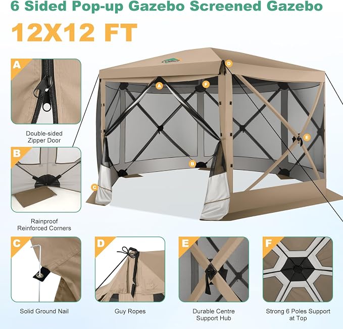 COBIZI 12x12 FT Pop Up Canopy Extendable Tent, Gazebos On Clearance with Removable Roof,Screened in Gazebo,Screen Tents Portable carpas para Patio for Outdoor Camping,Backyard, Garden,Khaki(Upgraded)