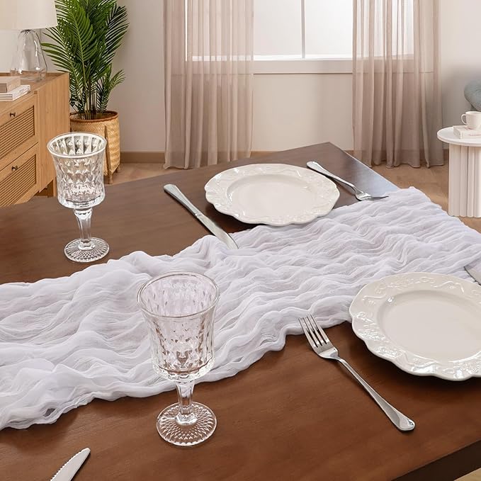 6 Pack 10FT White Cheesecloth Table Runner 120 Inch Long Gauze Rustic Boho Spring Cheese Cloth Table Runner Sheer Fabric Decorations for Holiday Party Wedding Banquet Bridal Baby Shower Décor