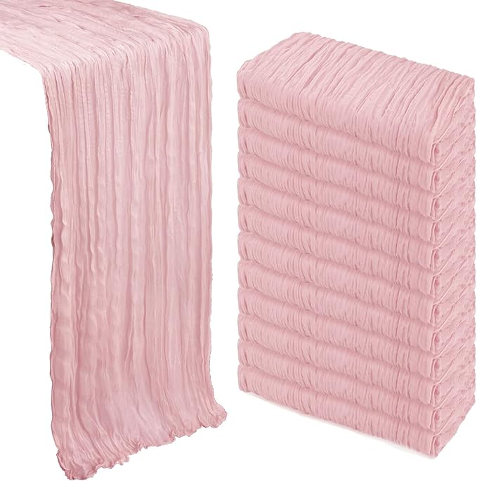 12 Pack Dusty Pink Table Runner Cheesecloth 10Ft Spring Gauze Cheese Cloth Table Runner 35x120 Inch Boho Sheer Rustic Fabric for Holiday Party Decor Baby Shower Wedding Decorations