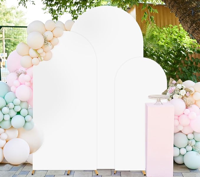 FUHSY Set of 3 Spandex Arch Cover 6FT, 6.6FT, 7.2FT Round Top Chiara Arch Backdrop Stand Cover White 2-Sided Wedding Arch Frame Covers for Backdrop Birthday Party Arches Covers for Baby Shower