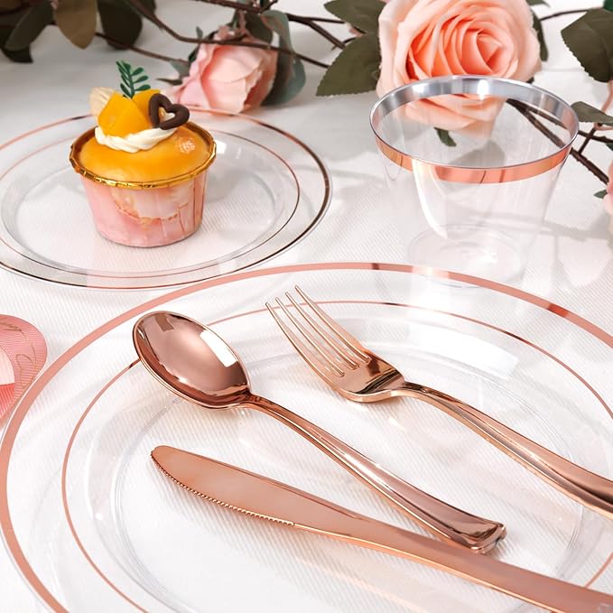 bUCLA 600PCS Clear Rose Gold Plastic Dinnerware Set Disposable - Include 100 Dinner Plates, 100 Dessert Plates, 100 Knives, 100 Forks, 100 Spoons, 100 Cups for Party, Wedding & Mother's Day