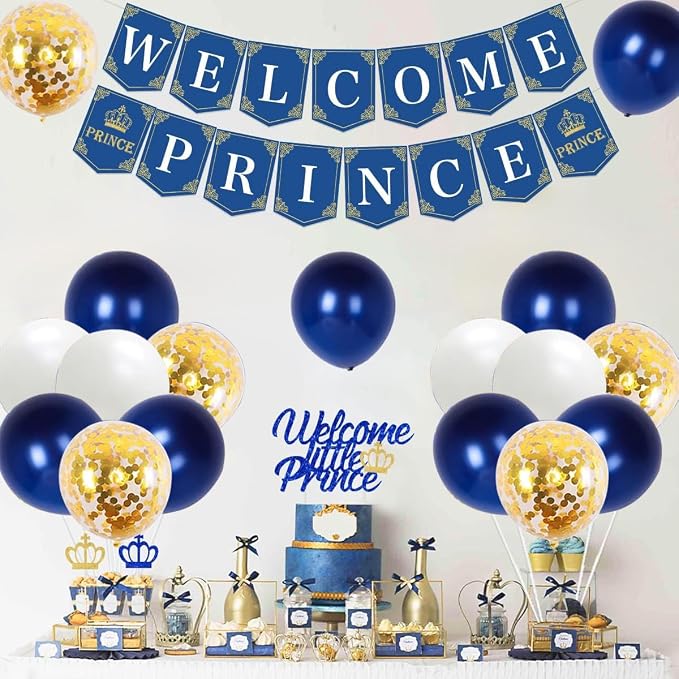Royal Prince Baby Shower Decorations for Boy - Welcome Prince Banner Hanging swirls Navy Blue and Gold Glitter Cupcake Toppers Crown Foil Balloons Prince Baby Shower Birthday Party Supplies