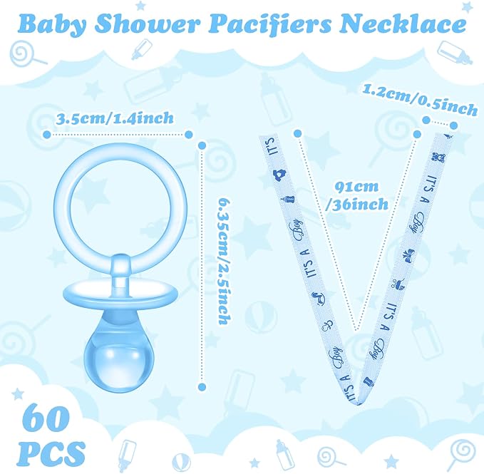 Coume 60 Pieces Baby Shower Pacifiers Necklace Acrylic Pacifiers Necklace Charm Party Favors for Girls Boys Baby Shower Party Decorations Table Scatter(Boy Style,Blue)