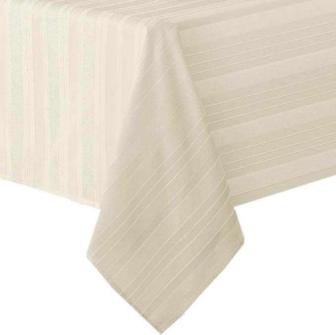 Newbridge 70 Inch Round Ivory Fabric Tablecloth, Denley Satin Stripe, Heavy Weight No Iron Polyester Holiday Dining & Party Table Cover