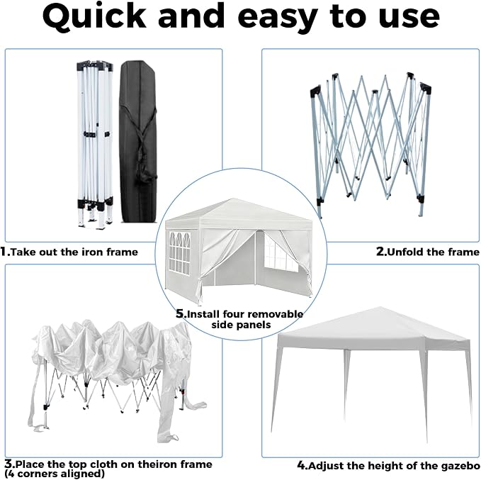 10X10FT White Pop Up Canopy Party Tent, Outdoor Commercial Instant Gazebo with 4 Removable Sidewalls for Events, Wedding, Backyard, Patio, Easy Set Up Sun Shade with Carrying Bag