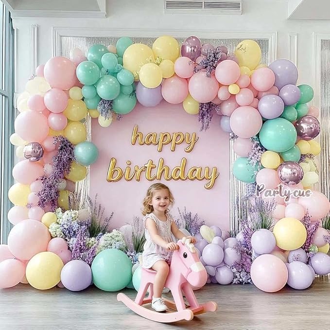 Pastel Balloon Garland Arch Kit Double Stuffed, Baby Pink Purple Yellow Green Balloons with Metallic Lilac Latex for Baby Shower Princess Birthday Spring Easter Flower Fairy Party Decoration