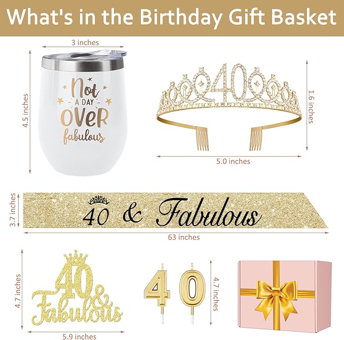 40th Birthday Gifts Women with 12oz Tumbler/Mug for Wine or Coffee, Birthday Crown, Sash, Cake Topper and Candles, 40 Year Old Decorations Gifts Idea Gold White