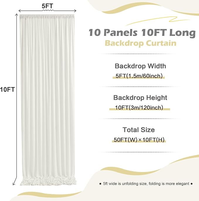 50ft x 10ft Wrinkle Free Ivory Backdrop Curtain for Parties, 10 Panels 5x10ft Silky Polyester Ivory Wedding Backdrop Drapes Photo Back Drop Cloth for Birthday Baby Shower Photography Background