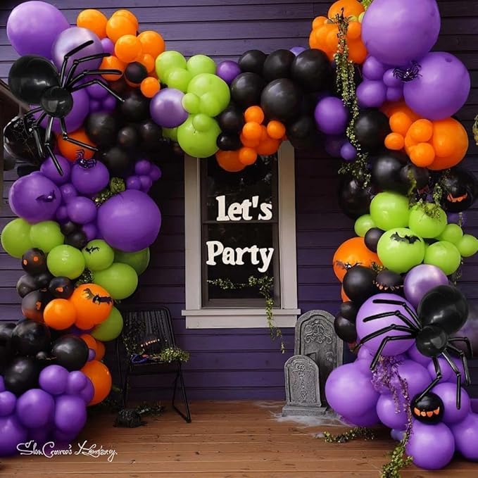 Black Purple Balloon Arch Double Stuffed Latex Orange Green Metallic Purple Black Balloon Garland for Halloween Thanksgiving Wednesday Birthday Vampire Retirement Prom Decor