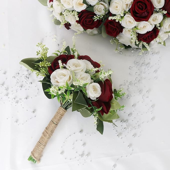 Bridesmaid Bouquet Flower for Wedding - 7 Inch Artificial Flower Bouquet for Bridesmaids Bridal Shower Party Ceremony Anniversary Table Centerpieces Decor - Burgundy & White