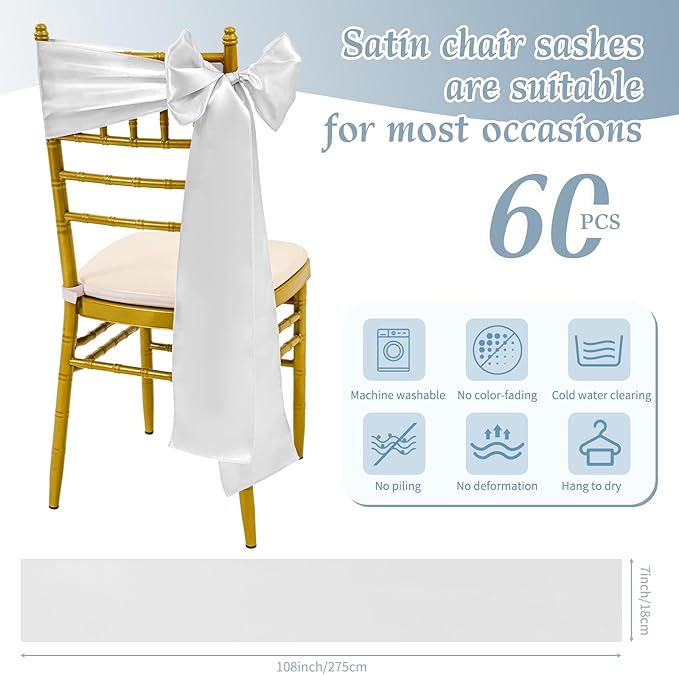 60 PCS Silver Satin Chair Sashes, Ties Bows Designed Sashes for Washable Reusable Chair Covers Supplies for Wedding Reception Events Banquets Party Hotel Event Aisle Decorations (7 x 108 inch)